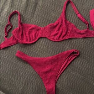 Balconette Swimsuit Top and Bottom Crinkle Waves in Deep Red